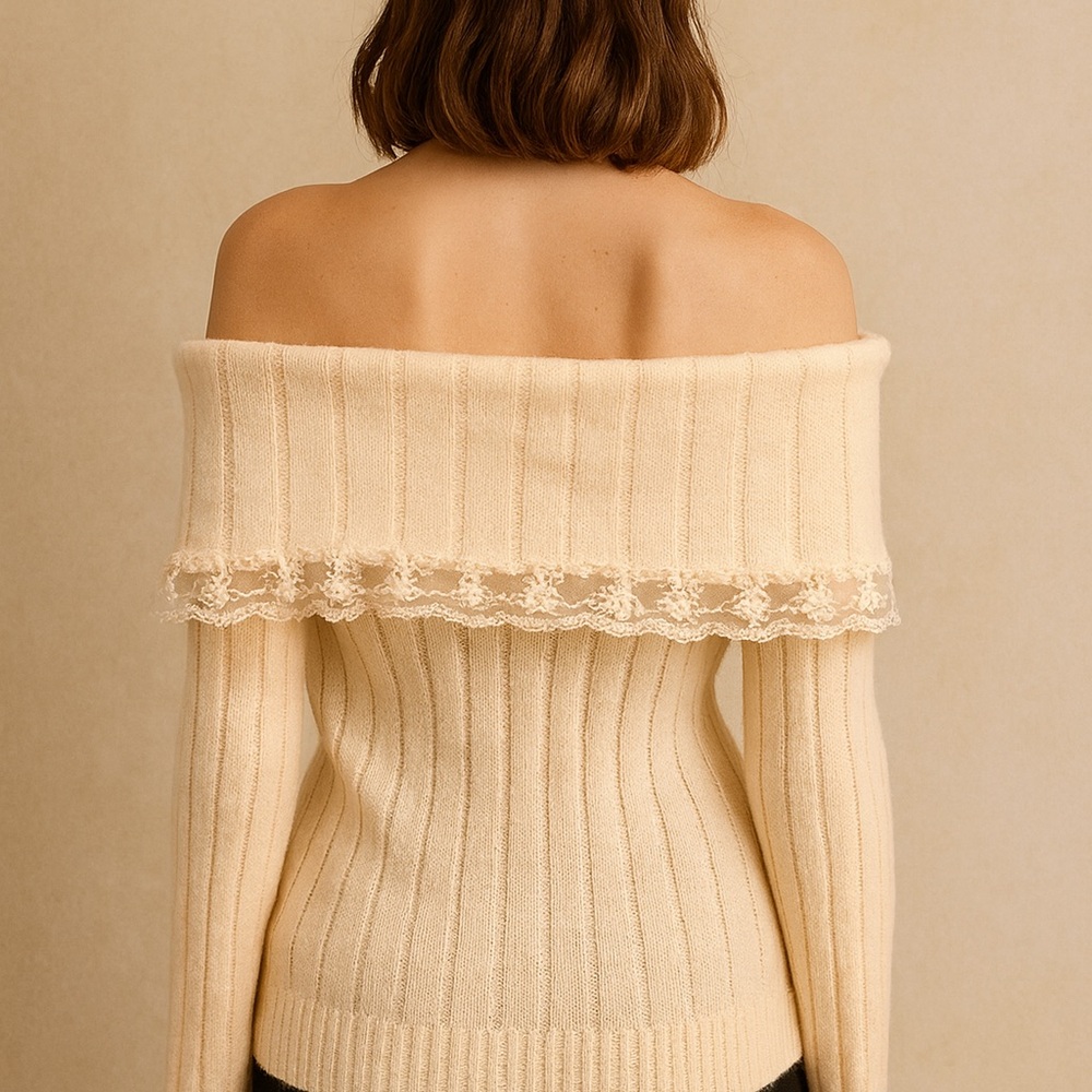 Chic Off-Shoulder Cream Sweater - Picture 2 of 5